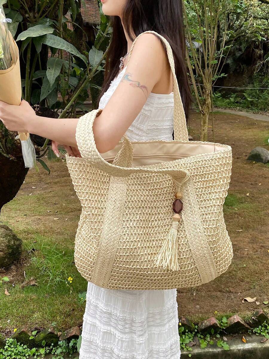 Bag Fashionable Tote Bag Solid Color Fringed Large Capacity Women's Bag,Beach Essentials,Summer Essentials Women Bags For Vacation & Holiday,School Bag,Large Capacity,Portable,Classic Casual,For Teen
