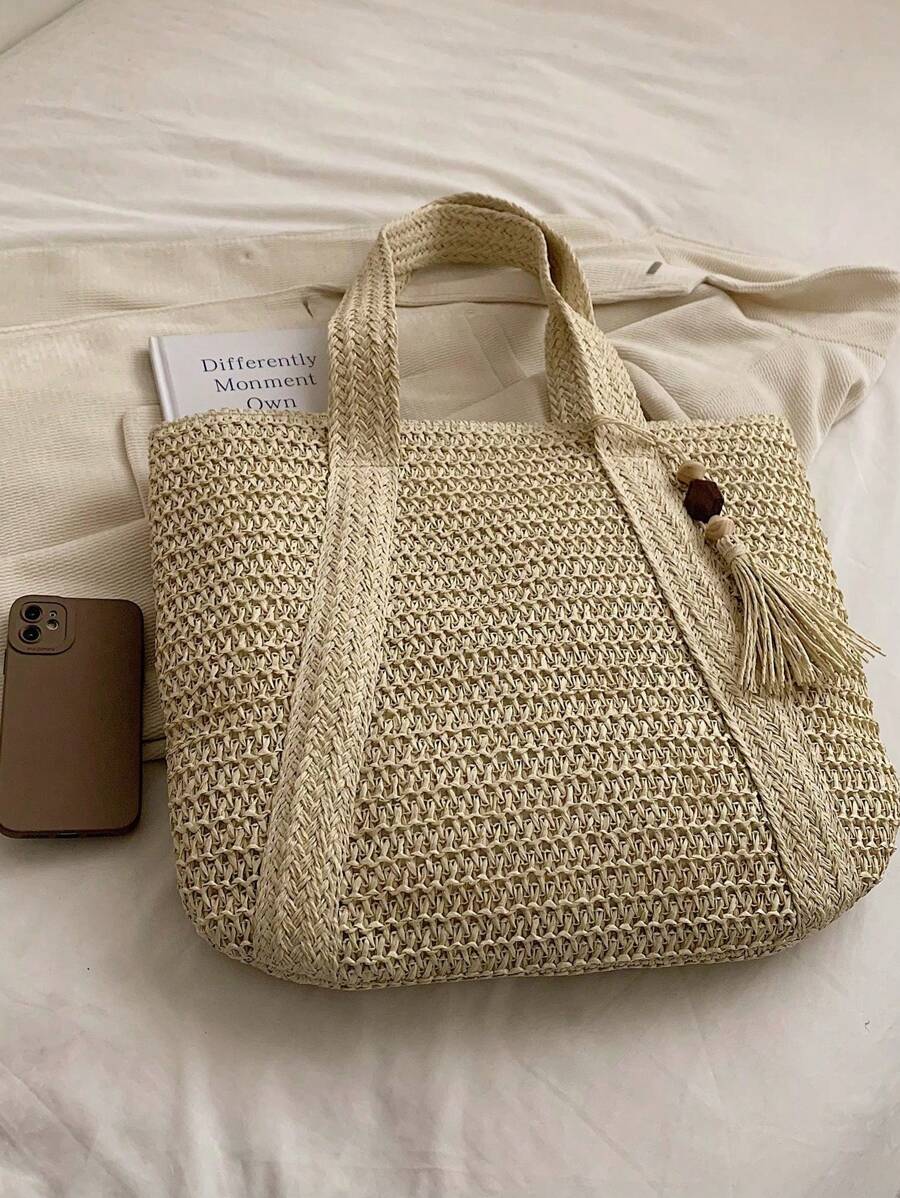 Bag Fashionable Tote Bag Solid Color Fringed Large Capacity Women's Bag,Beach Essentials,Summer Essentials Women Bags For Vacation & Holiday,School Bag,Large Capacity,Portable,Classic Casual,For Teen
