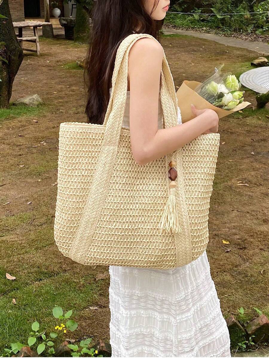 Bag Fashionable Tote Bag Solid Color Fringed Large Capacity Women's Bag,Beach Essentials,Summer Essentials Women Bags For Vacation & Holiday,School Bag,Large Capacity,Portable,Classic Casual,For Teen