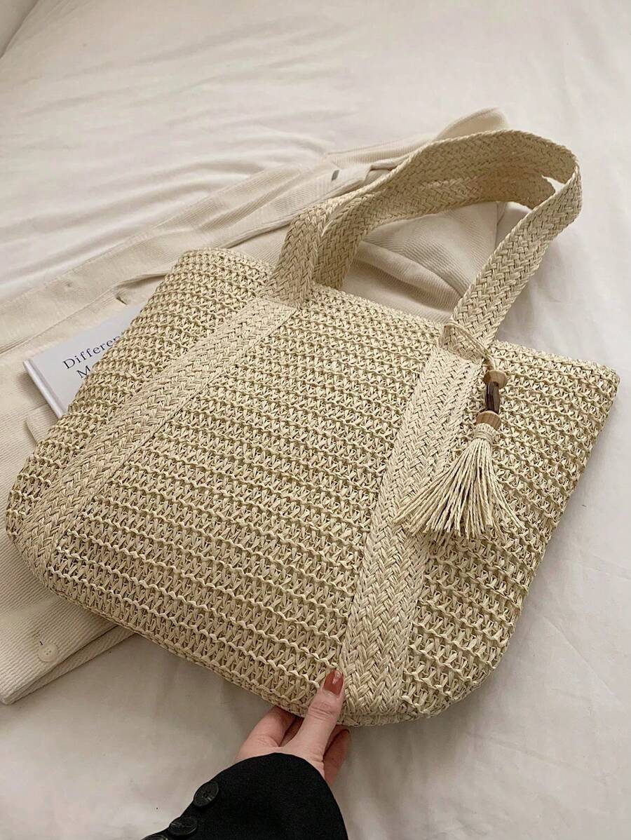 Bag Fashionable Tote Bag Solid Color Fringed Large Capacity Women's Bag,Beach Essentials,Summer Essentials Women Bags For Vacation & Holiday,School Bag,Large Capacity,Portable,Classic Casual,For Teen