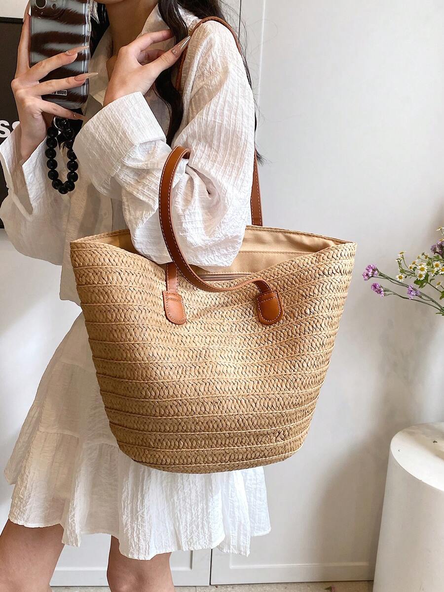 EMERY ROSE Fashionable Woven Tote Bag For Women,Large Capacity Shoulder Handbag,All-Match Commuter Outing Bucket Bag,Summer Women Bags For Vacation,Holiday, Straw Purse, Straw Beach Bag, Beach Necessi