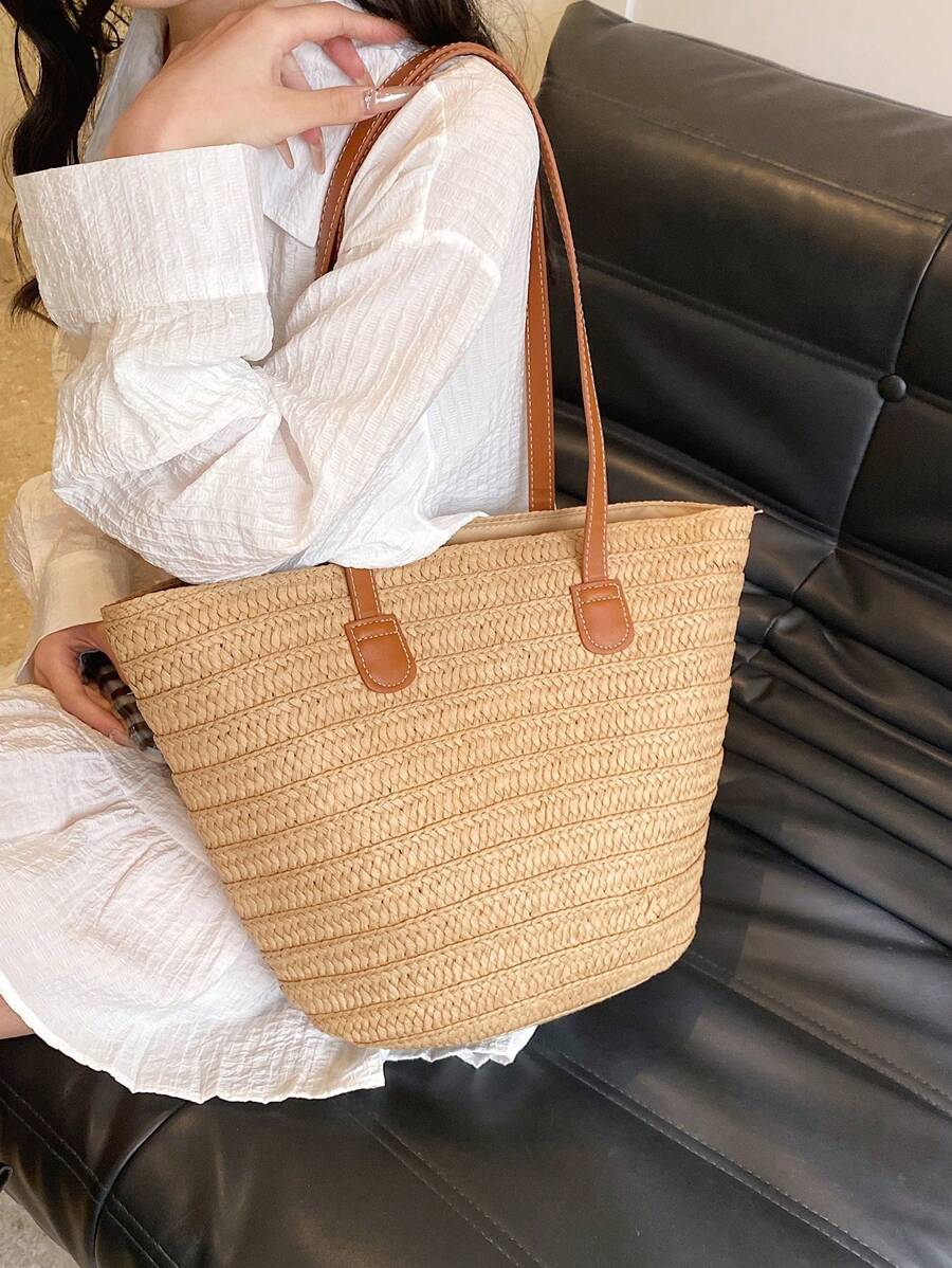 EMERY ROSE Fashionable Woven Tote Bag For Women,Large Capacity Shoulder Handbag,All-Match Commuter Outing Bucket Bag,Summer Women Bags For Vacation,Holiday, Straw Purse, Straw Beach Bag, Beach Necessi