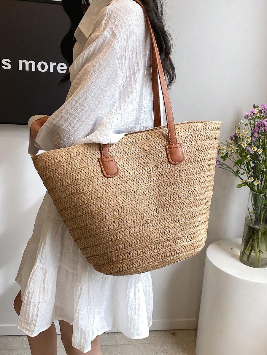 EMERY ROSE Fashionable Woven Tote Bag For Women,Large Capacity Shoulder Handbag,All-Match Commuter Outing Bucket Bag,Summer Women Bags For Vacation,Holiday, Straw Purse, Straw Beach Bag, Beach Necessi