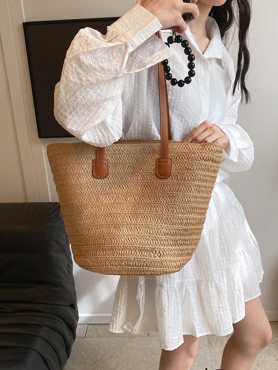 EMERY ROSE Fashionable Woven Tote Bag For Women,Large Capacity Shoulder Handbag,All-Match Commuter Outing Bucket Bag,Summer Women Bags For Vacation,Holiday, Straw Purse, Straw Beach Bag, Beach Necessi