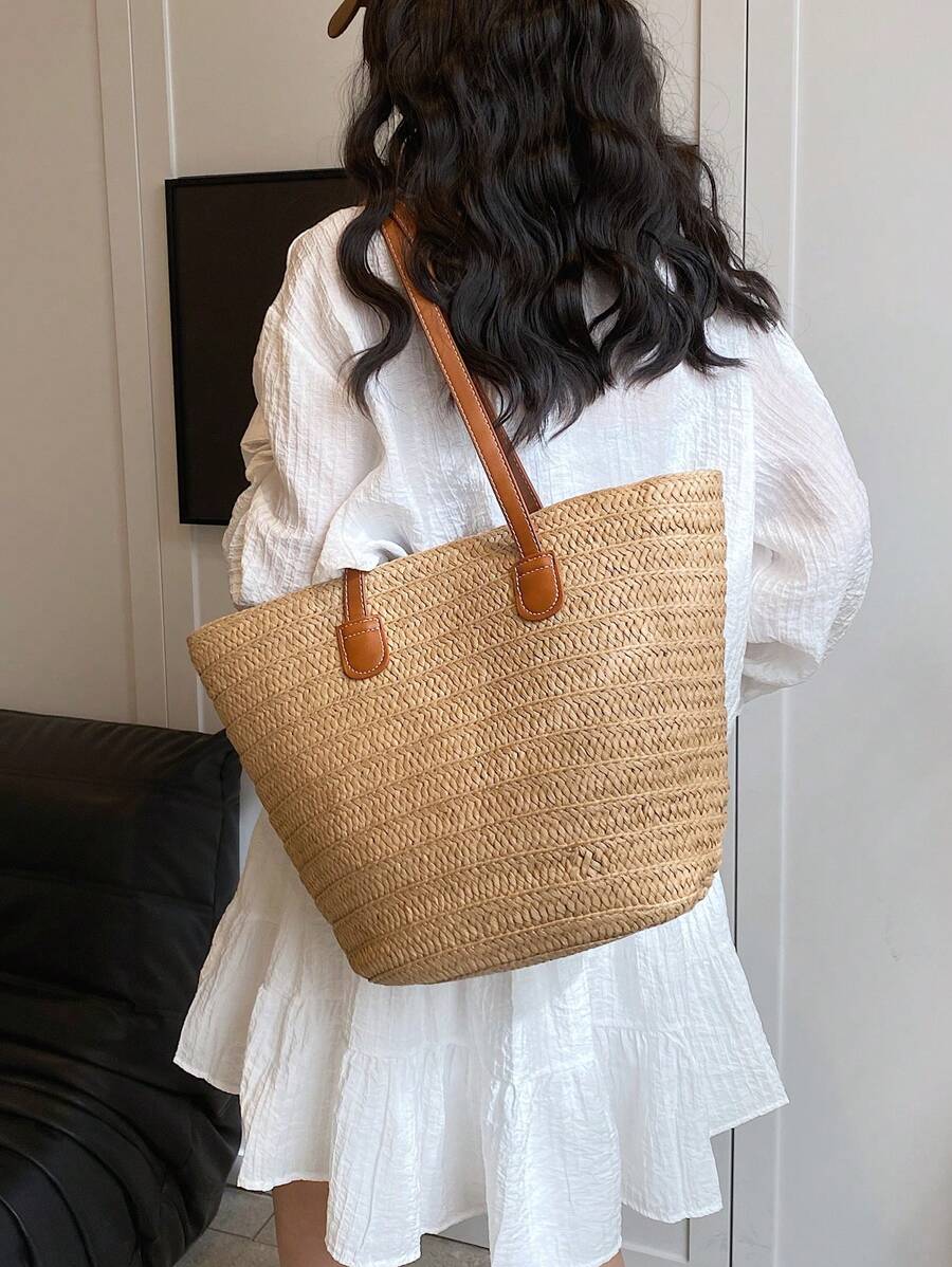 EMERY ROSE Fashionable Woven Tote Bag For Women,Large Capacity Shoulder Handbag,All-Match Commuter Outing Bucket Bag,Summer Women Bags For Vacation,Holiday, Straw Purse, Straw Beach Bag, Beach Necessi