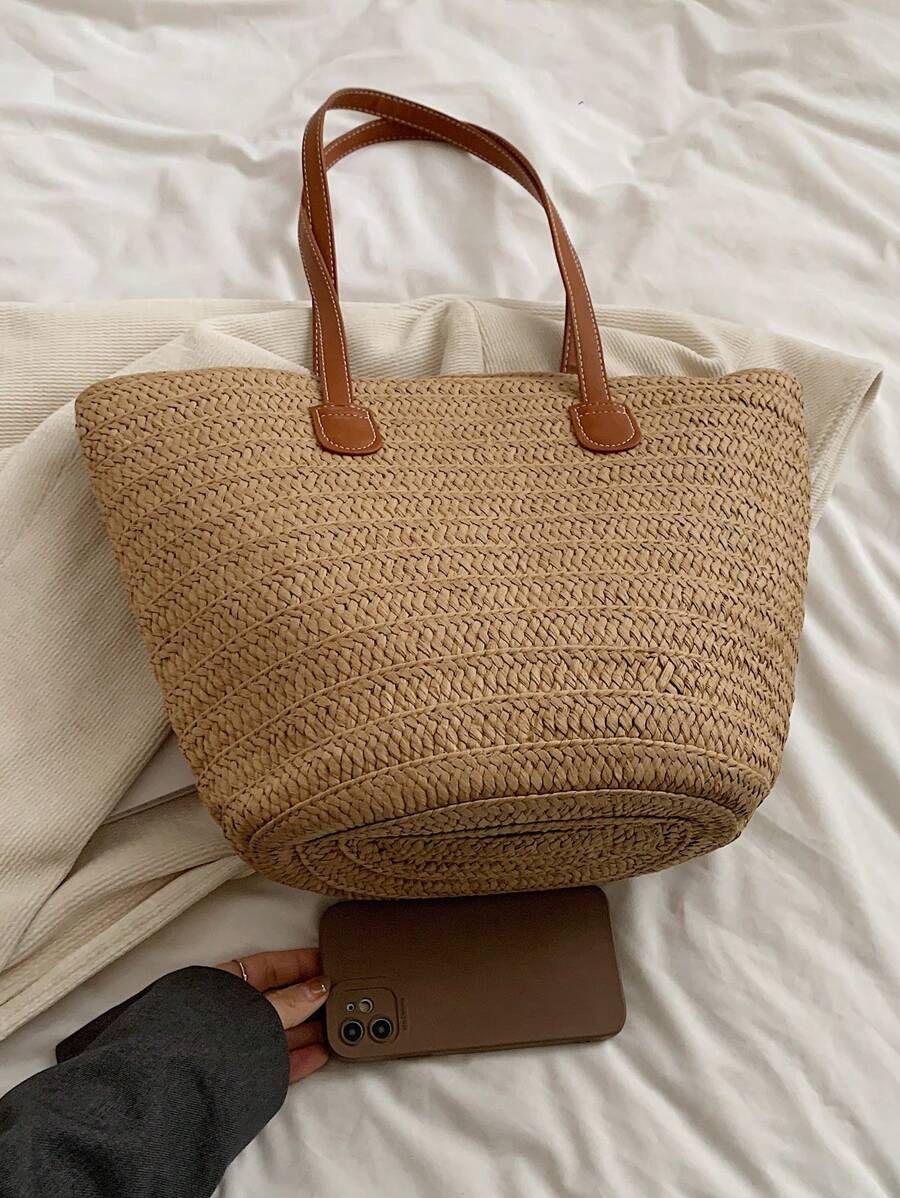 EMERY ROSE Fashionable Woven Tote Bag For Women,Large Capacity Shoulder Handbag,All-Match Commuter Outing Bucket Bag,Summer Women Bags For Vacation,Holiday, Straw Purse, Straw Beach Bag, Beach Necessi