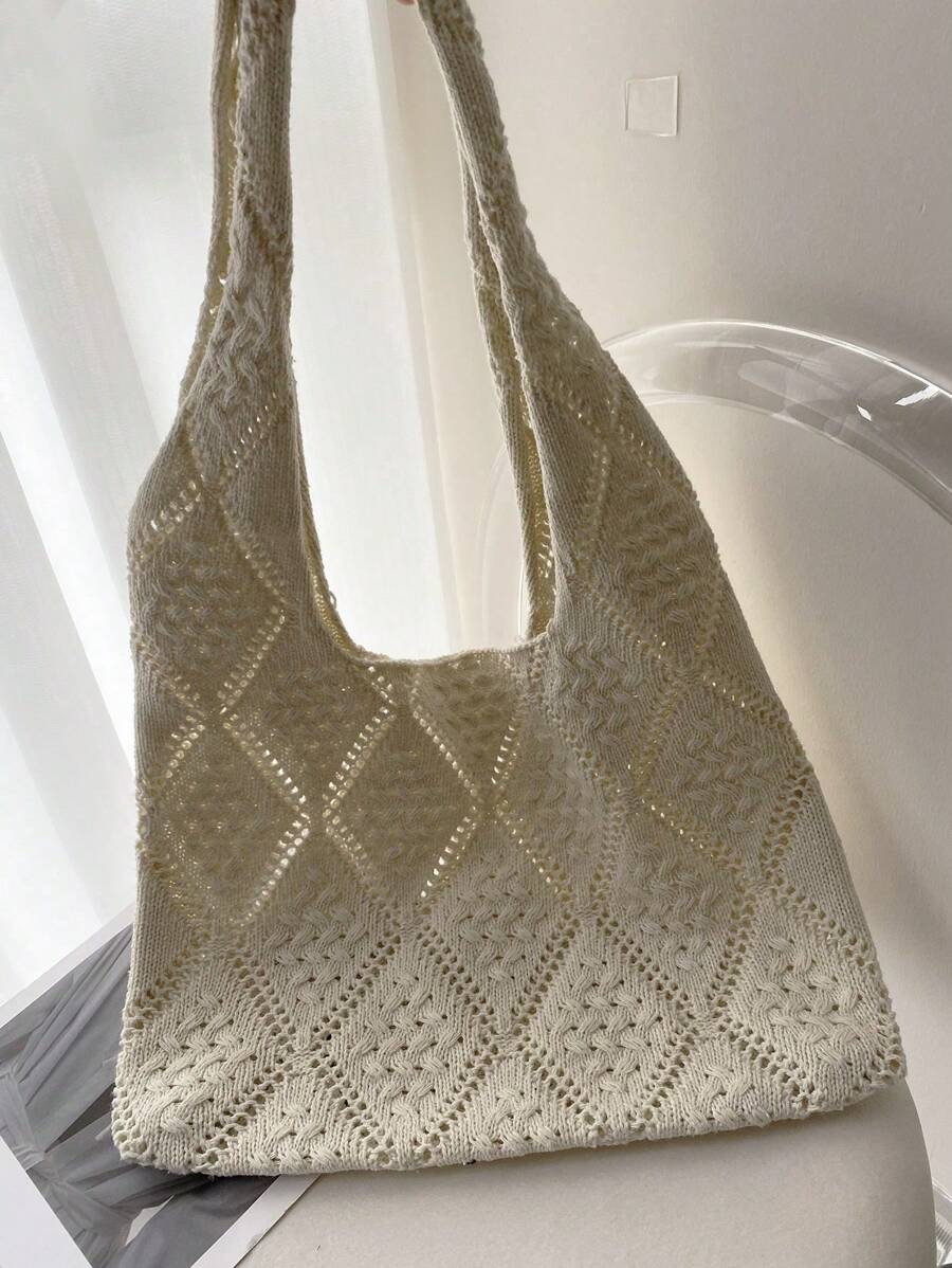 Women's Crochet Handbag, Hollow Out Solid Color, Vacation Style, Suitable For Shopping And Outings
