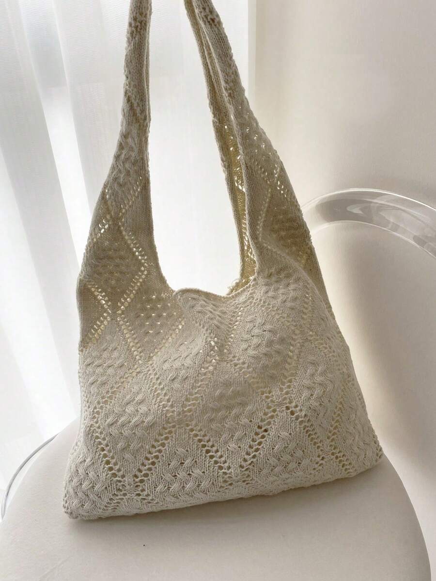 Women's Crochet Handbag, Hollow Out Solid Color, Vacation Style, Suitable For Shopping And Outings