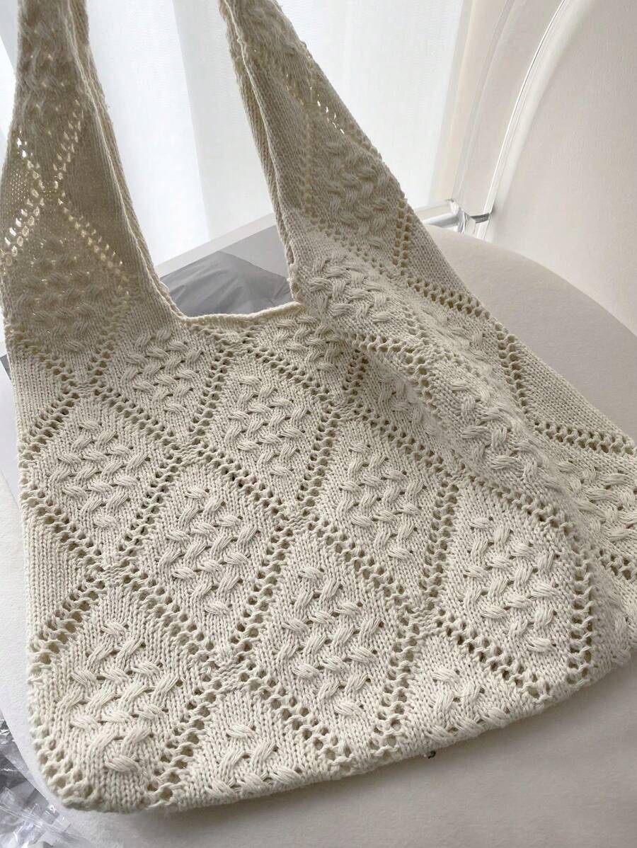 Women's Crochet Handbag, Hollow Out Solid Color, Vacation Style, Suitable For Shopping And Outings