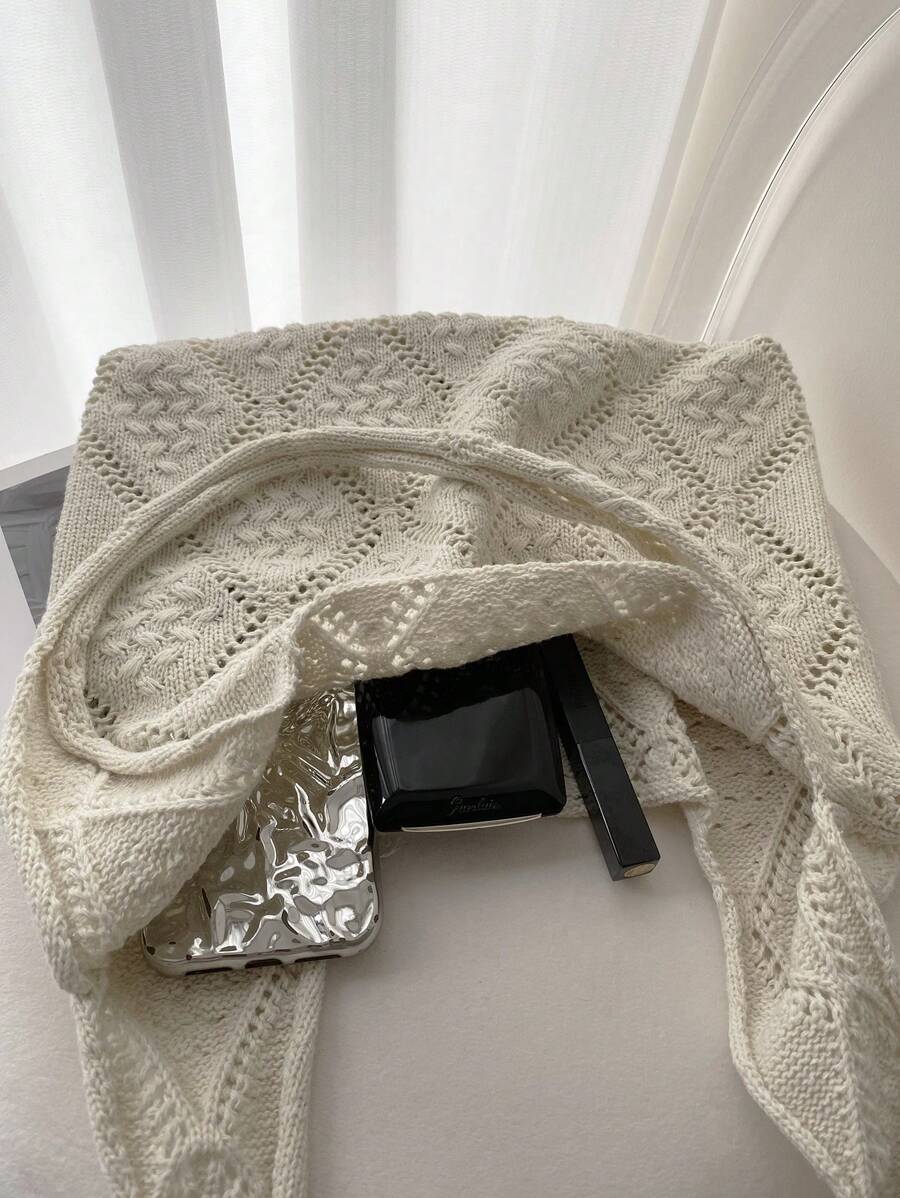 Women's Crochet Handbag, Hollow Out Solid Color, Vacation Style, Suitable For Shopping And Outings