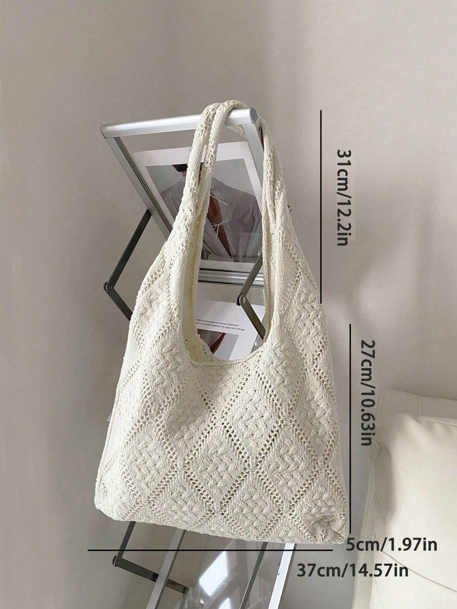 Women's Crochet Handbag, Hollow Out Solid Color, Vacation Style, Suitable For Shopping And Outings