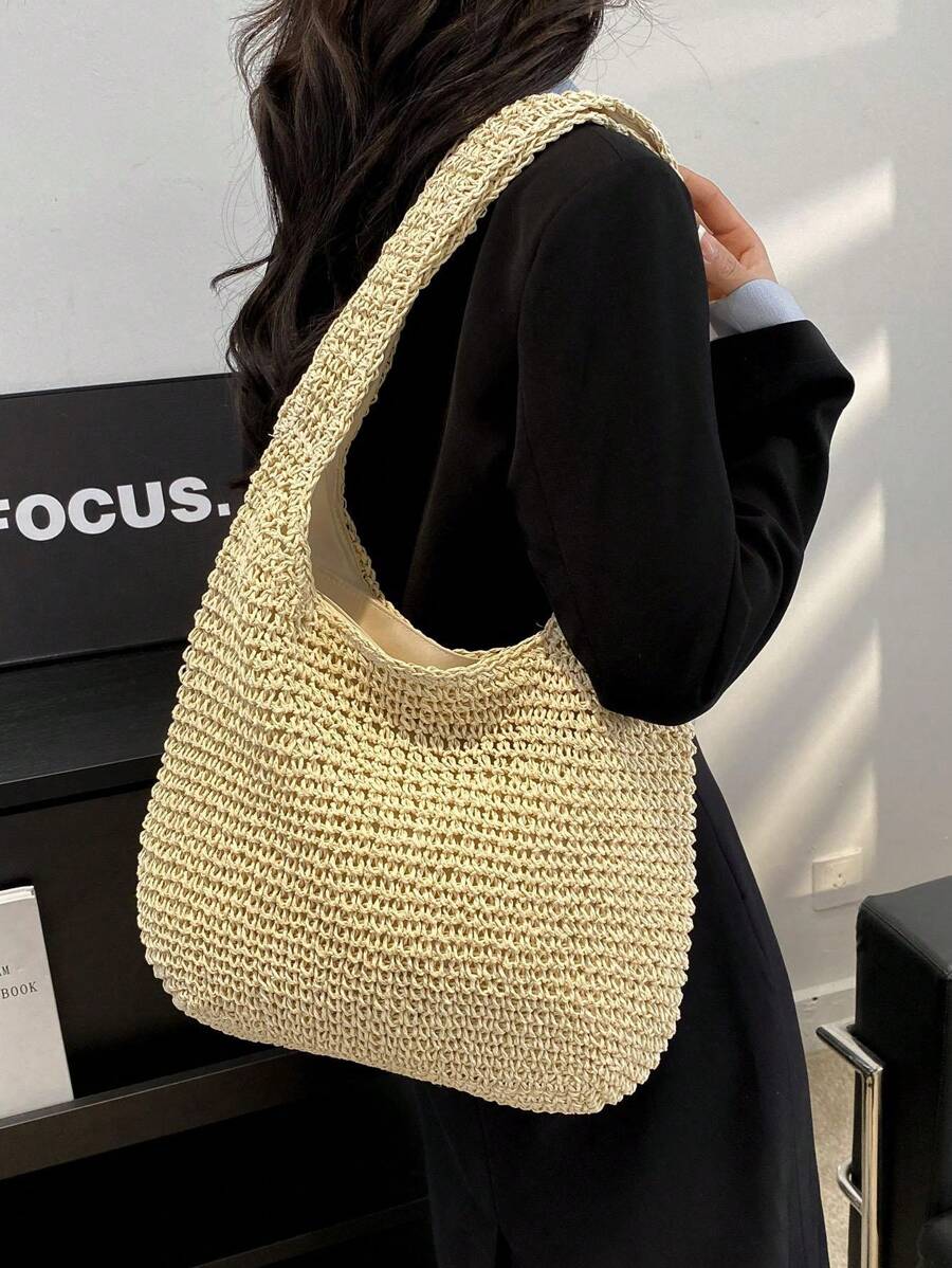 Medium Solid Color Double Handle,Perfect For Summer Travel Vacation, Straw Purse, Straw Beach Bag, Beach Necessities, Beach Essentials,Beach Stuff & Summer EssentialsSchool Bag,Large Capacity,Lightwei