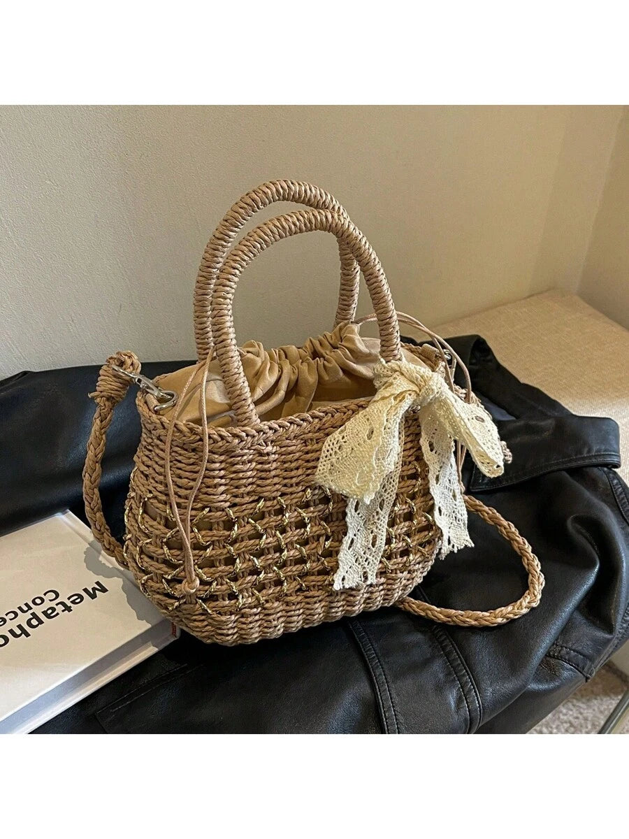 Tropiscape Fashionable Casual Bowknot Decorated Simple Versatile Straw Tote Bag, Suitable For Vacation, Travel, Beach, Shopping, Shoulder Bag Beach Autumn Winter Gifts Cottagecore,SummerOutfit