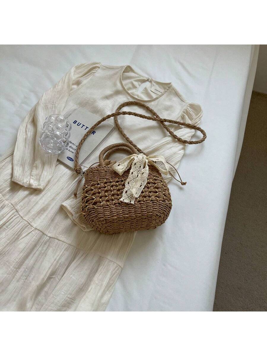 Tropiscape Fashionable Casual Bowknot Decorated Simple Versatile Straw Tote Bag, Suitable For Vacation, Travel, Beach, Shopping, Shoulder Bag Beach Autumn Winter Gifts Cottagecore,SummerOutfit