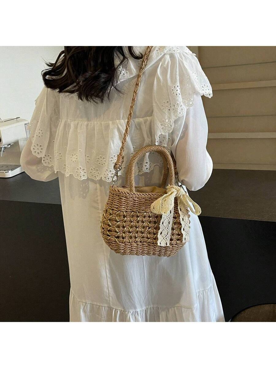 Tropiscape Fashionable Casual Bowknot Decorated Simple Versatile Straw Tote Bag, Suitable For Vacation, Travel, Beach, Shopping, Shoulder Bag Beach Autumn Winter Gifts Cottagecore,SummerOutfit