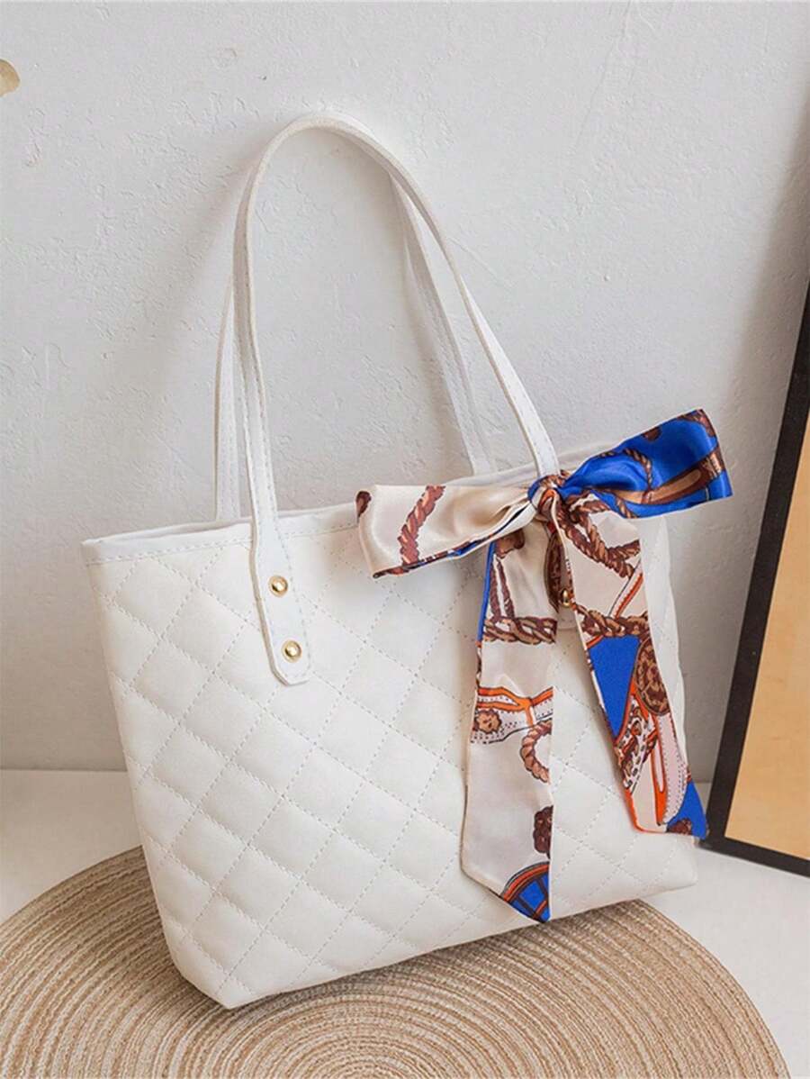 1pc Quilted Diamond Embroidered Large Capacity Lightweight Versatile Commuter Tote Bag With Scarf Decoration