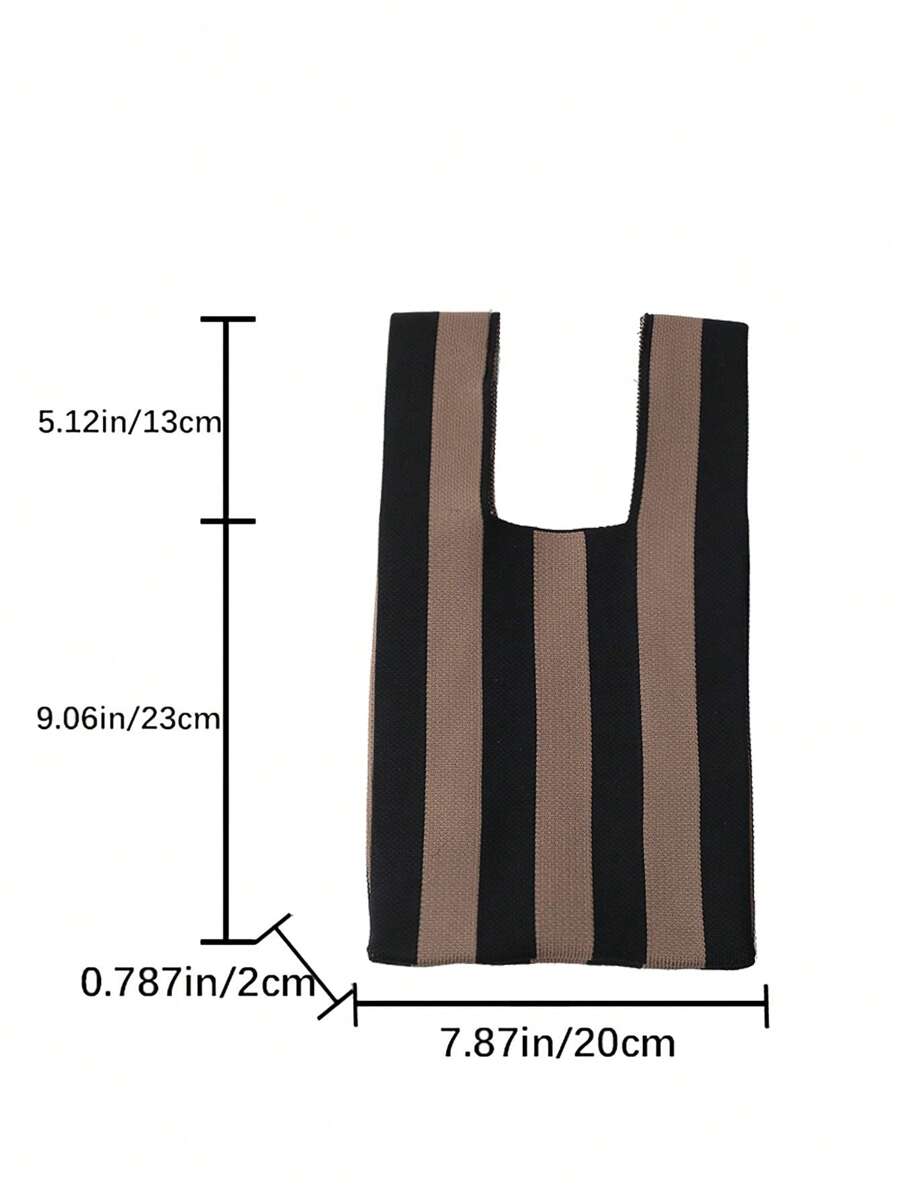 lulu kewen 1pc Handwoven Knotted Handle Tote Bag For Women, Plaid Striped Pattern, Polyester Woven Handbag