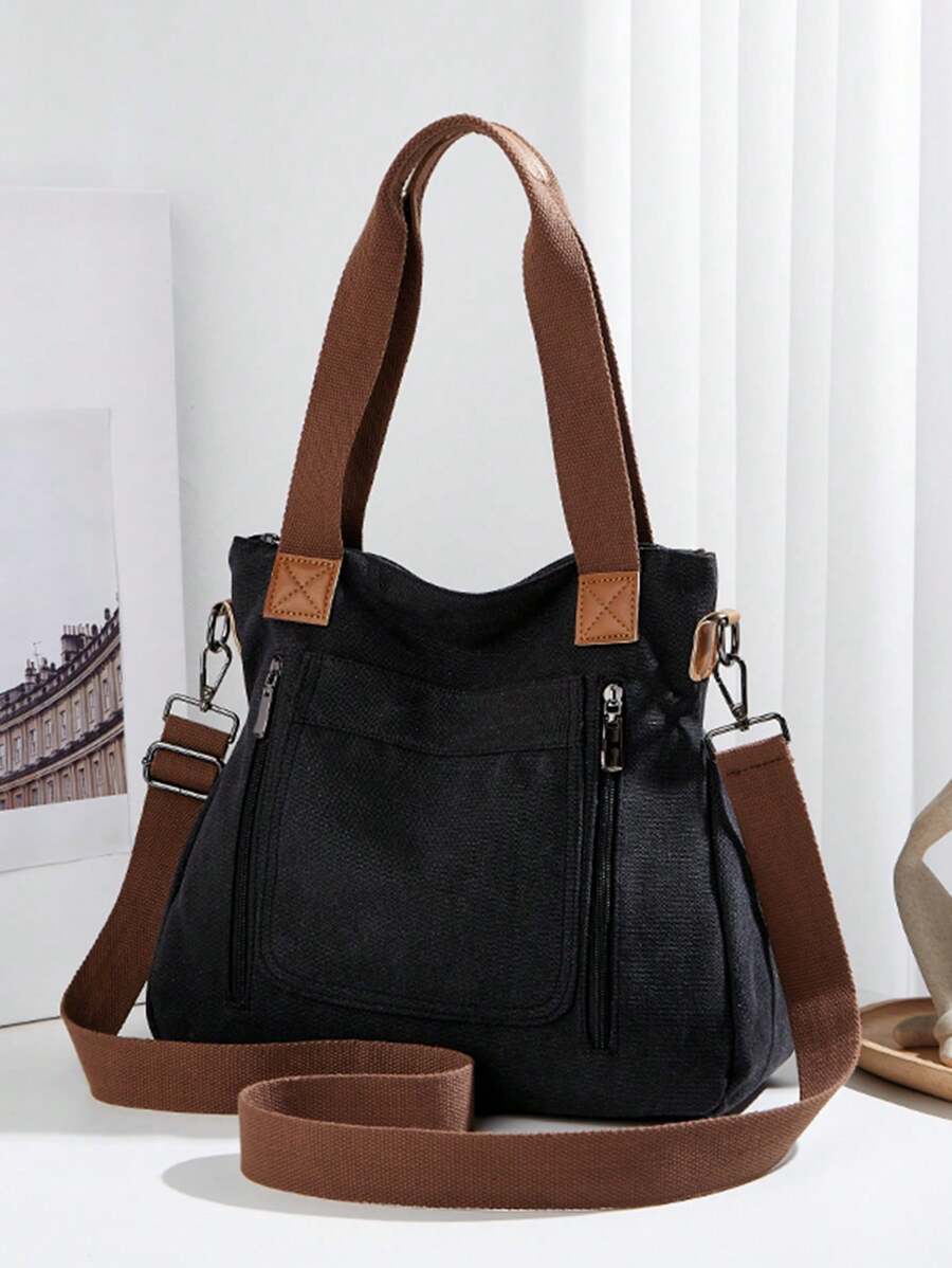 Vintage Large Capacity Canvas Tote Bag, Solid Color Multi-Compartment Zipper Handbag Shoulder Crossbody Bag Gym Bag Hobo Bag, Detachable Adjustable Strap, Suitable For Work, Holiday Shopping, Travel