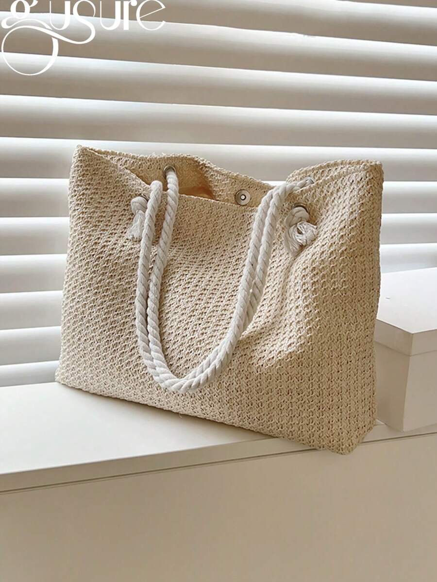 Woven Large Capacity Tote Bag Lightweight Shopping Shoulder Bag Summer Handbag, Perfect For Travel, Summer Women Bags For Vacation, Holiday, School Bag, Large Capacity, Portable, For Teen Girls Beach