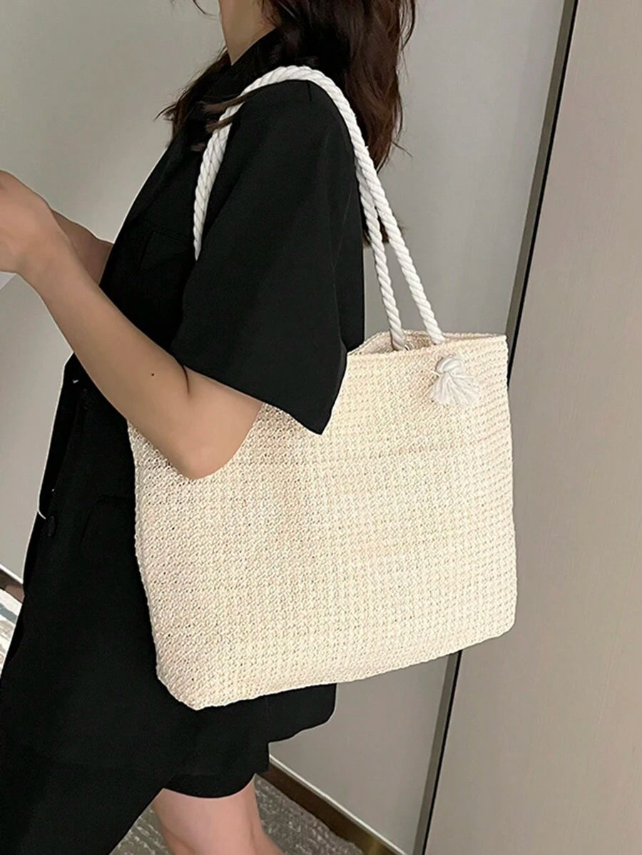 Woven Large Capacity Tote Bag Lightweight Shopping Shoulder Bag Summer Handbag, Perfect For Travel, Summer Women Bags For Vacation, Holiday, School Bag, Large Capacity, Portable, For Teen Girls Beach
