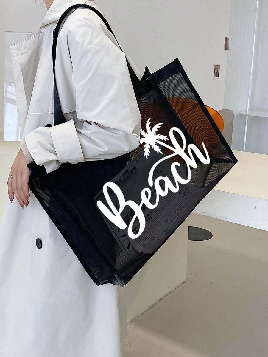 Breathable Beach Mesh Tote Bag, Coconut Tree Letter Print, Large Capacity Casual Tote Bag Women Foldable Shoulder Handbag For Beach Picnic Vacation, Waterproof Multi-Purpose For Teen Girls Women Colle