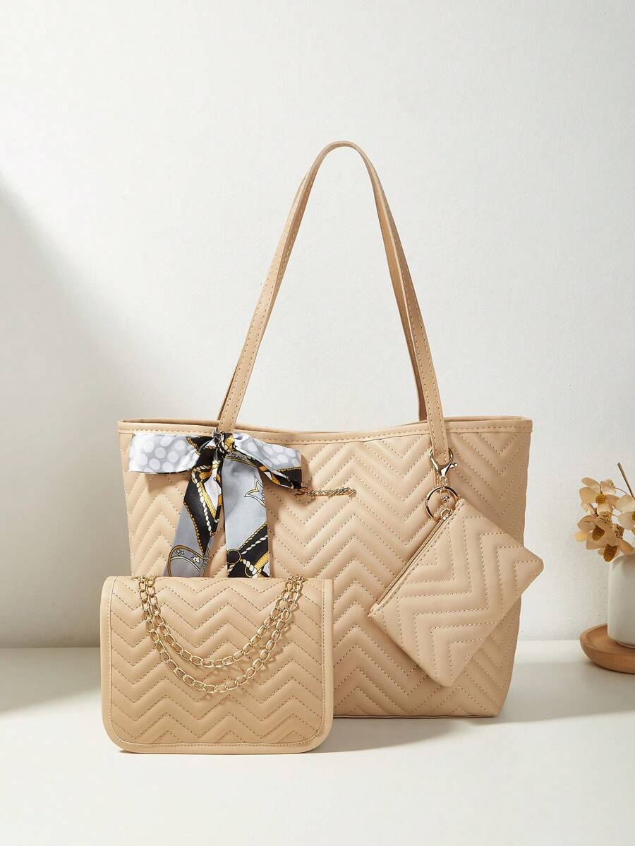 3pcs/Set Women Scarf, Tote Bag, Chain Shoulder Bag, Coin Purse Combo, Quilted Bag, Large Capacity, Waterproof, Lightweight, Portable