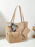 3pcs/Set Women Scarf, Tote Bag, Chain Shoulder Bag, Coin Purse Combo, Quilted Bag, Large Capacity, Waterproof, Lightweight, Portable