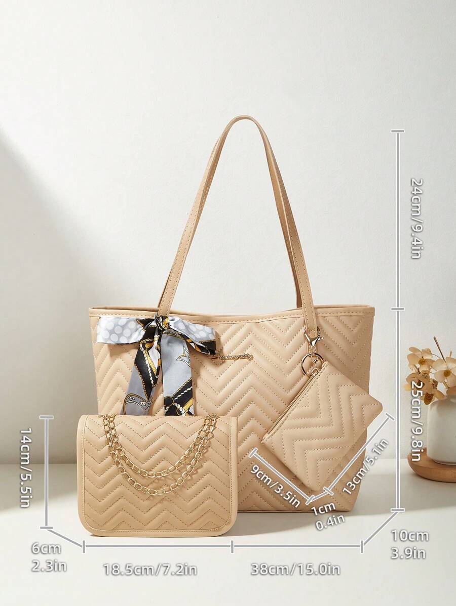 3pcs/Set Women Scarf, Tote Bag, Chain Shoulder Bag, Coin Purse Combo, Quilted Bag, Large Capacity, Waterproof, Lightweight, Portable