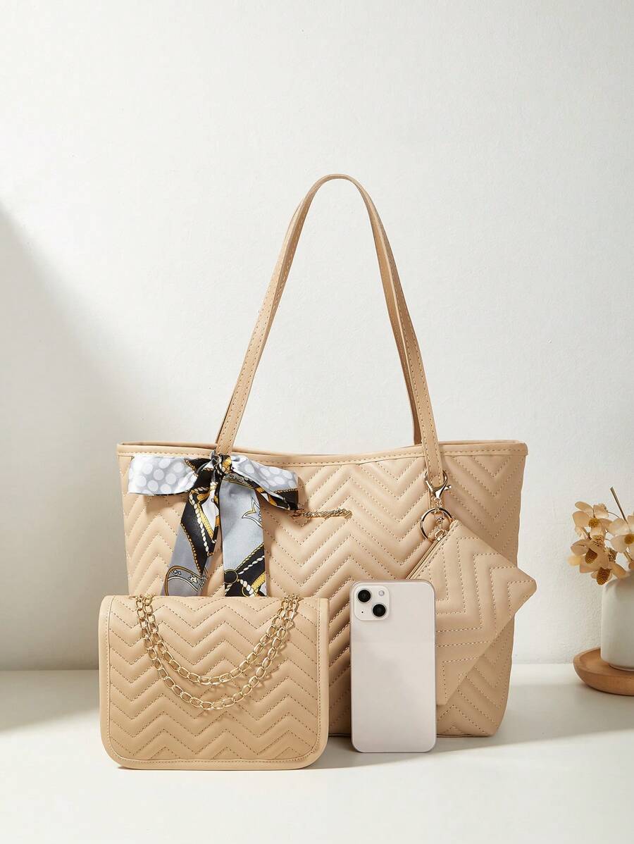 3pcs/Set Women Scarf, Tote Bag, Chain Shoulder Bag, Coin Purse Combo, Quilted Bag, Large Capacity, Waterproof, Lightweight, Portable