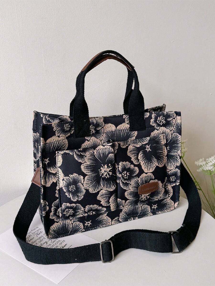 Fashionable Vintage Flower Printed Tote Bag With Random Patterns, Suitable For Commuting, Work, Travel, Etc.