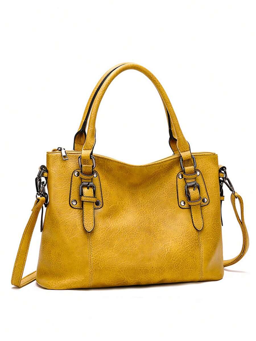 Simple Fashion Buckle Detail Shoulder Tote Bag Purse Set, Eye-Catching Work Bags For Women