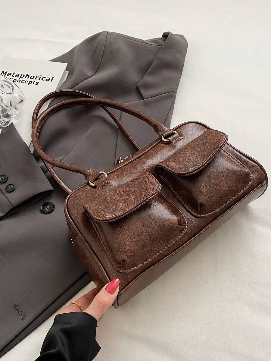 Large Capacity Work PU Tote Bag With Multiple Pockets, Simple And Fashionable Women Shoulder Bag, Solid Color Personalized Handbag, Japanese Bag, Street & Japanese Bag For Women, Old Money