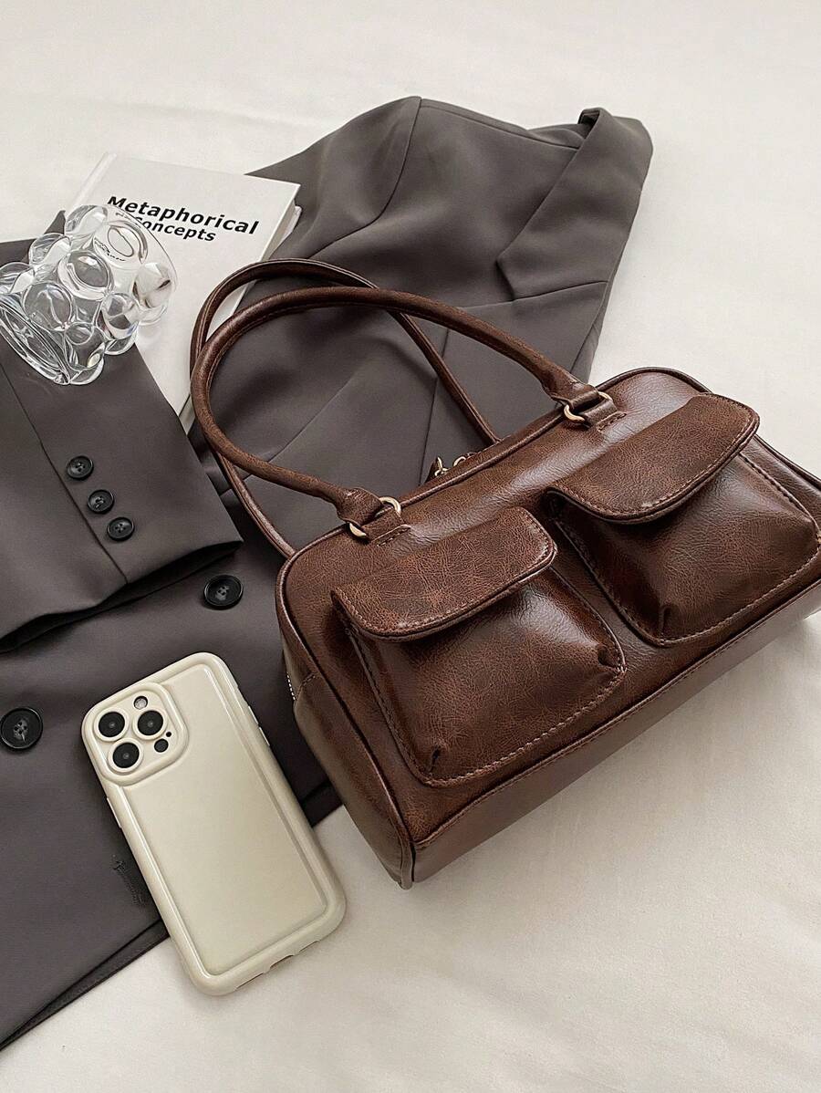 Large Capacity Work PU Tote Bag With Multiple Pockets, Simple And Fashionable Women Shoulder Bag, Solid Color Personalized Handbag, Japanese Bag, Street & Japanese Bag For Women, Old Money