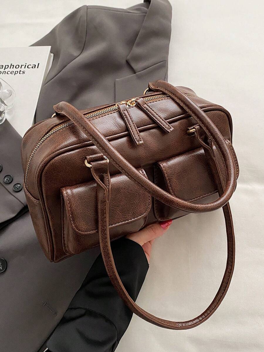 Large Capacity Work PU Tote Bag With Multiple Pockets, Simple And Fashionable Women Shoulder Bag, Solid Color Personalized Handbag, Japanese Bag, Street & Japanese Bag For Women, Old Money