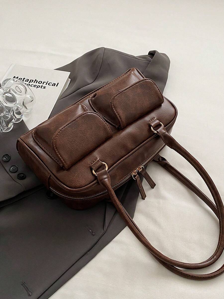 Large Capacity Work PU Tote Bag With Multiple Pockets, Simple And Fashionable Women Shoulder Bag, Solid Color Personalized Handbag, Japanese Bag, Street & Japanese Bag For Women, Old Money
