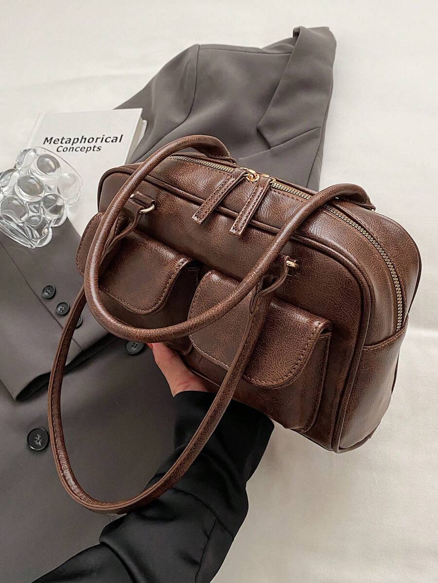 Large Capacity Work PU Tote Bag With Multiple Pockets, Simple And Fashionable Women Shoulder Bag, Solid Color Personalized Handbag, Japanese Bag, Street & Japanese Bag For Women, Old Money