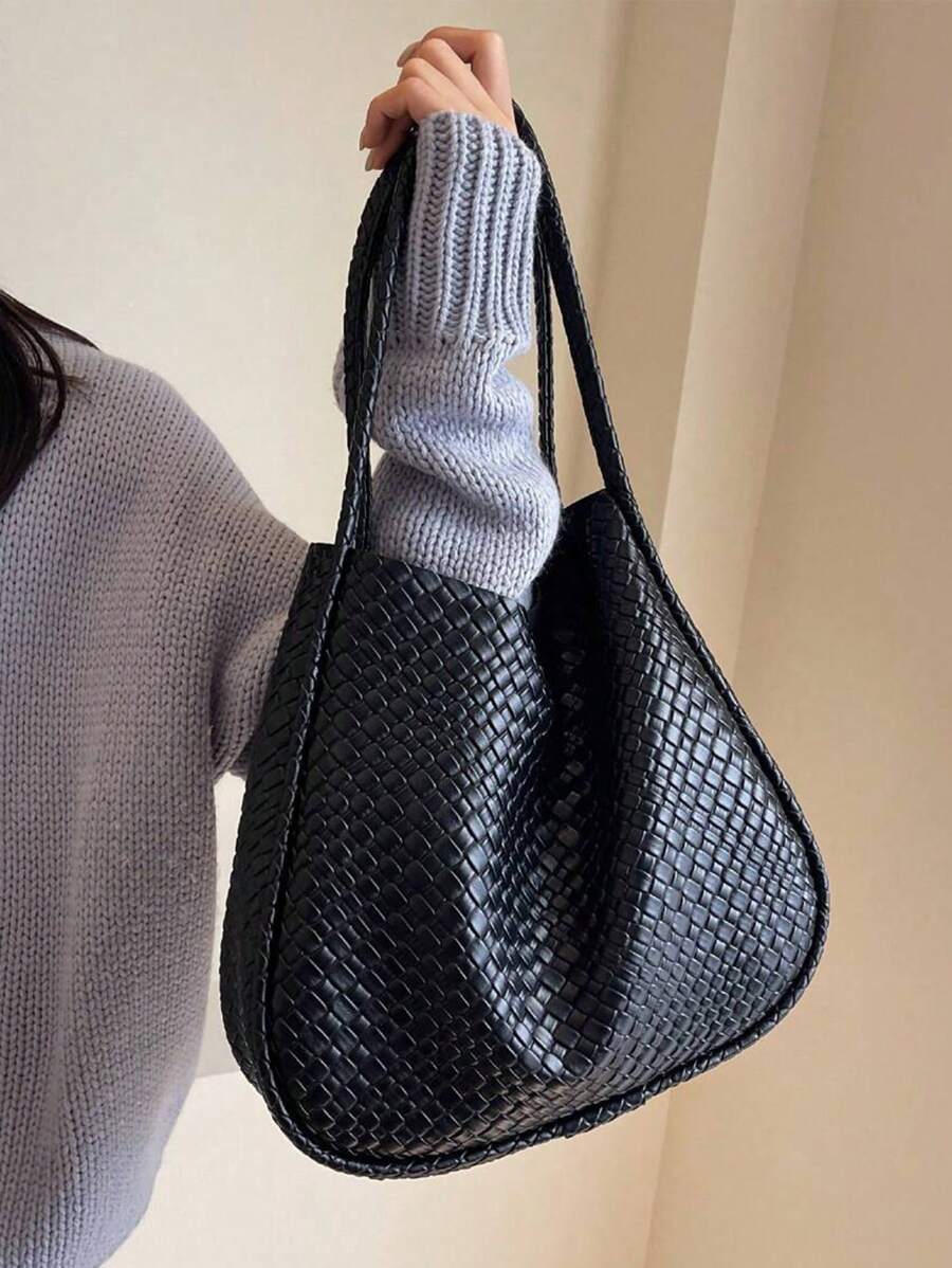Fashionable Women's Large Capacity Woven Casual Minimalist Solid Color Faux Leather Handbag/Shoulder Bag, Suitable For Commuting, Shopping, Dating