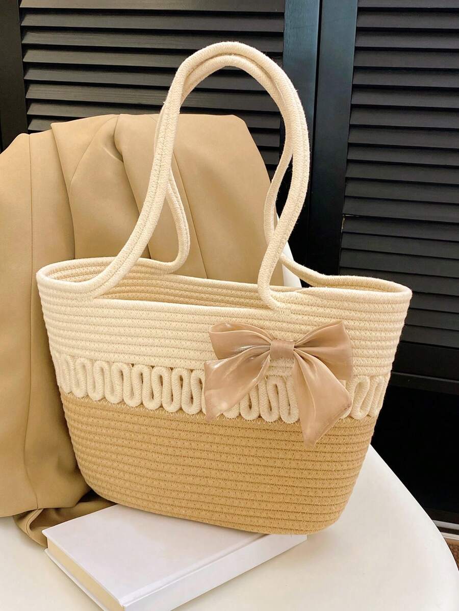 Large Capacity Straw Bag Double Handle Colorblock Knitting Kits Fabric Khaki Beach Bag Large Capacity Handmade Straw Summer Holiday Leisure Bag Women Bags Shopping Bags,Summer Essentials,Perfect For V