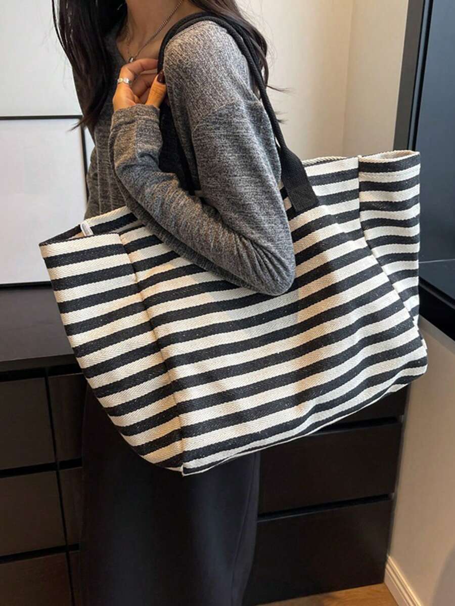 Livesso Simple Stripe Design Tote Bag For Girls Women Canvas Shoulder Bag Ladies Shopping Bags High Quality Handbags School Tote Bag, Portable, Foldable, Business Casual, Suitable For Teen Girls Women