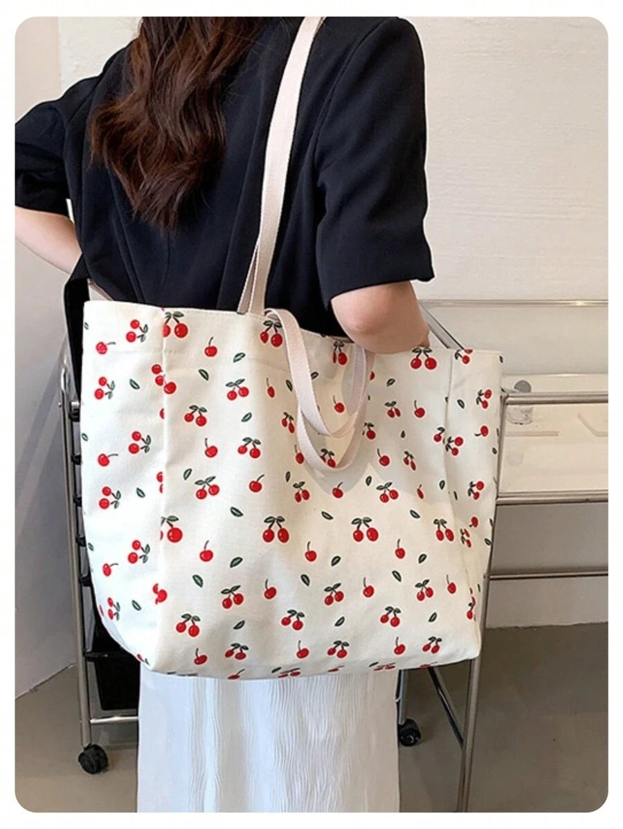 Floral Bliss Bag Fresh And Lovely Cherry Printed Multifunctional Tote Bag For Daily Activities And Shopping, Large Capacity Canvas Shoulder Bag For Travel And School, For Women And Girls, Kawaii Cherr