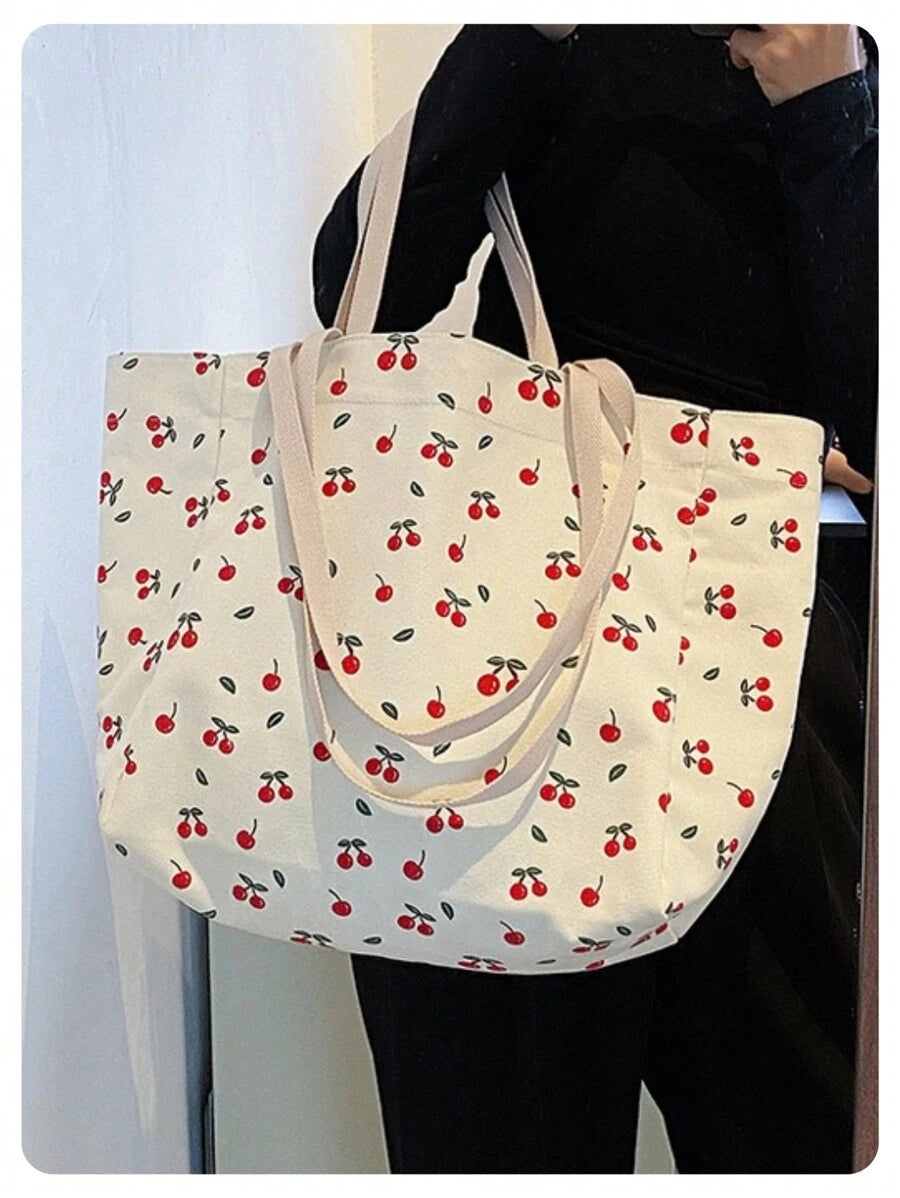 Floral Bliss Bag Fresh And Lovely Cherry Printed Multifunctional Tote Bag For Daily Activities And Shopping, Large Capacity Canvas Shoulder Bag For Travel And School, For Women And Girls, Kawaii Cherr