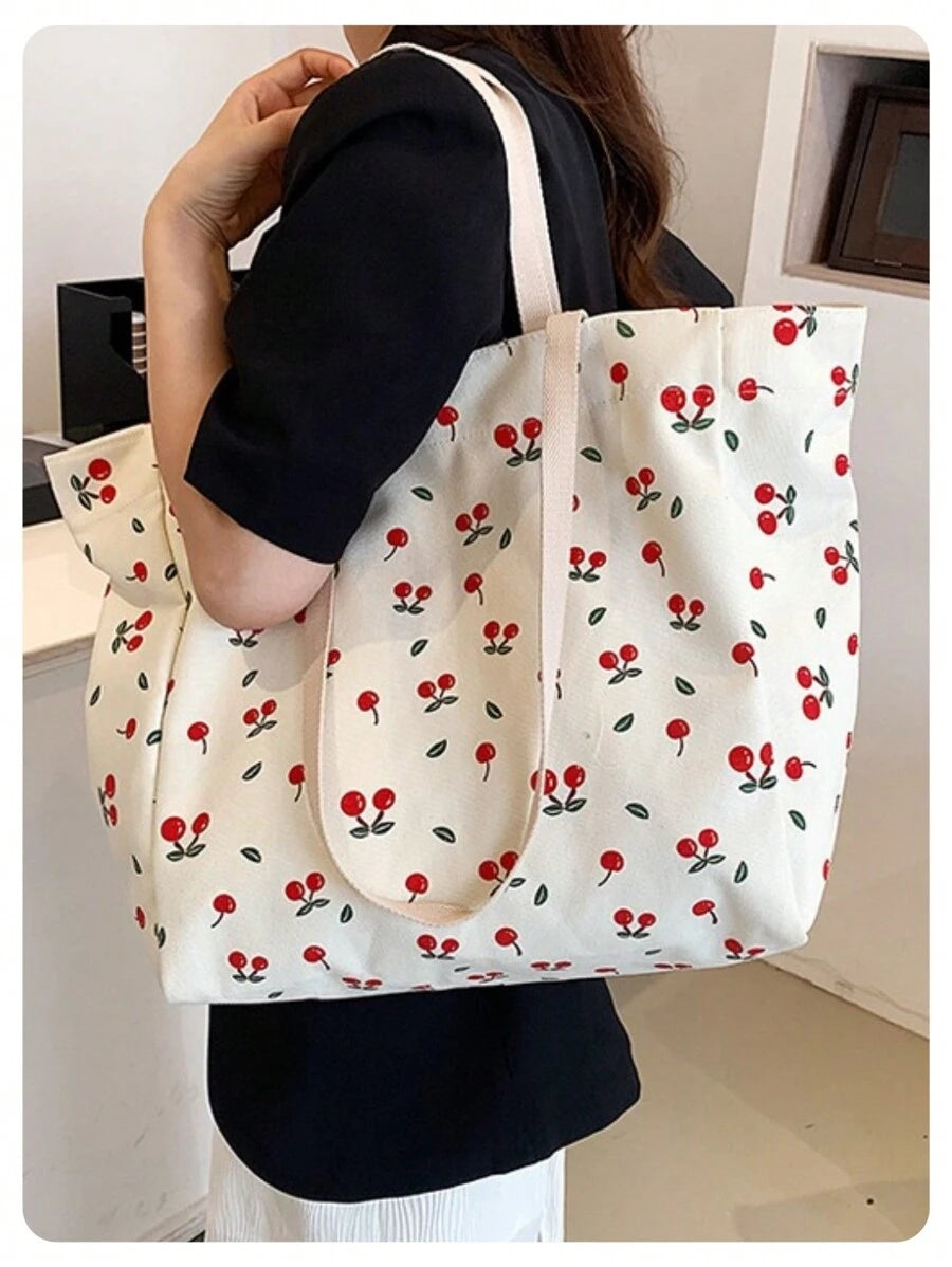 Floral Bliss Bag Fresh And Lovely Cherry Printed Multifunctional Tote Bag For Daily Activities And Shopping, Large Capacity Canvas Shoulder Bag For Travel And School, For Women And Girls, Kawaii Cherr