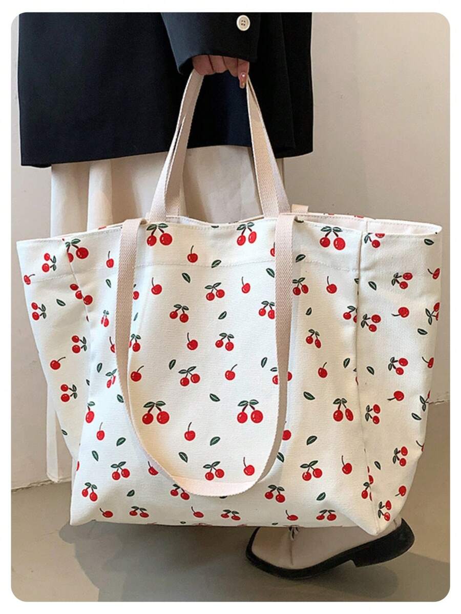 Floral Bliss Bag Fresh And Lovely Cherry Printed Multifunctional Tote Bag For Daily Activities And Shopping, Large Capacity Canvas Shoulder Bag For Travel And School, For Women And Girls, Kawaii Cherr