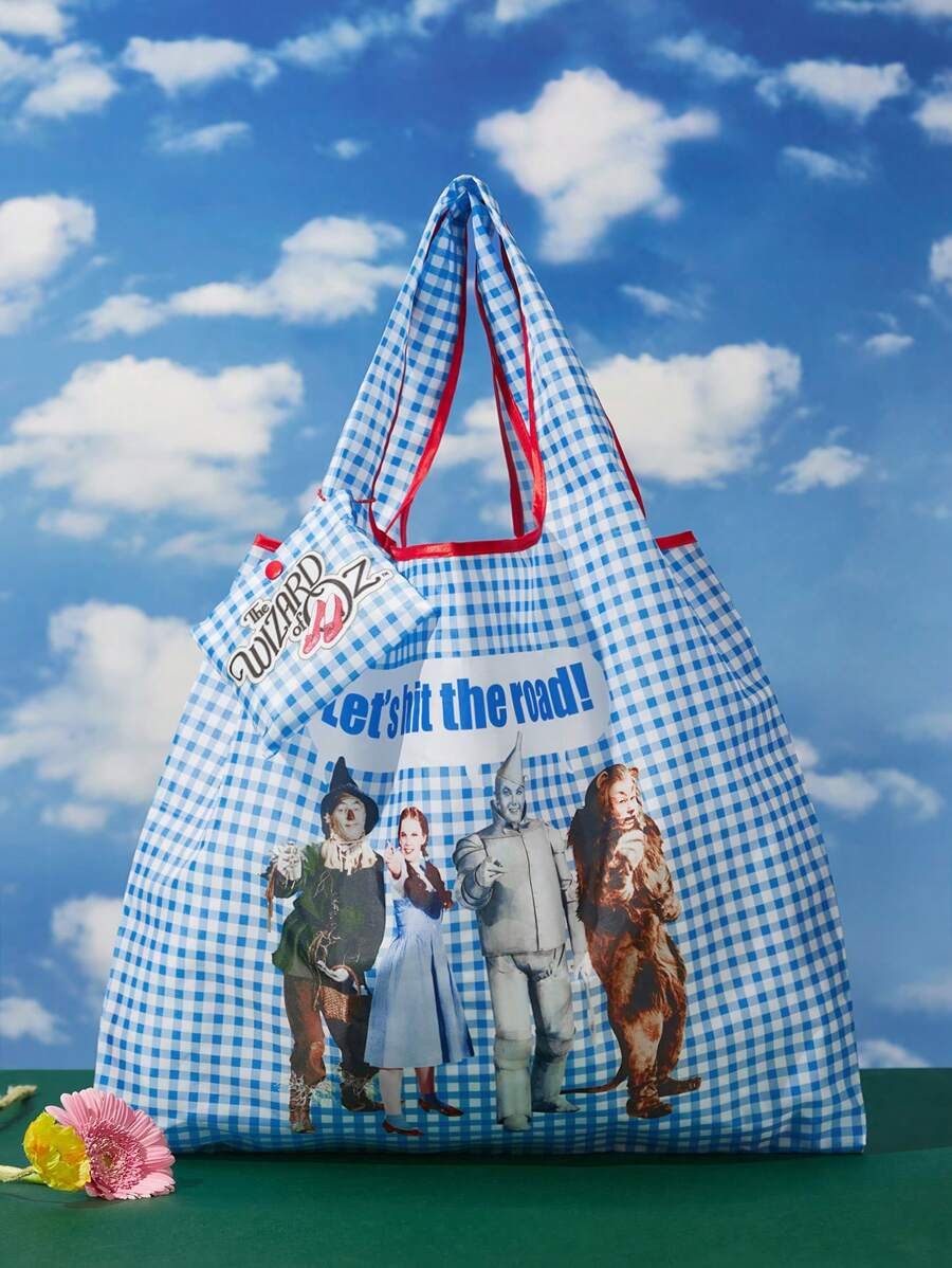 The Wizard of Oz X 1pc Character And Slogan Print Plaid Collision Foldable Portable Shopping Bag, Summer Essentials Women Bags For Vacation & Holiday