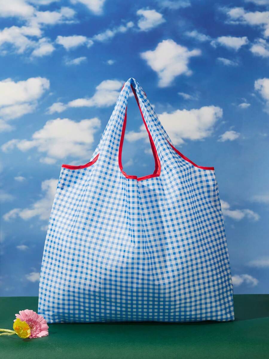 The Wizard of Oz X 1pc Character And Slogan Print Plaid Collision Foldable Portable Shopping Bag, Summer Essentials Women Bags For Vacation & Holiday