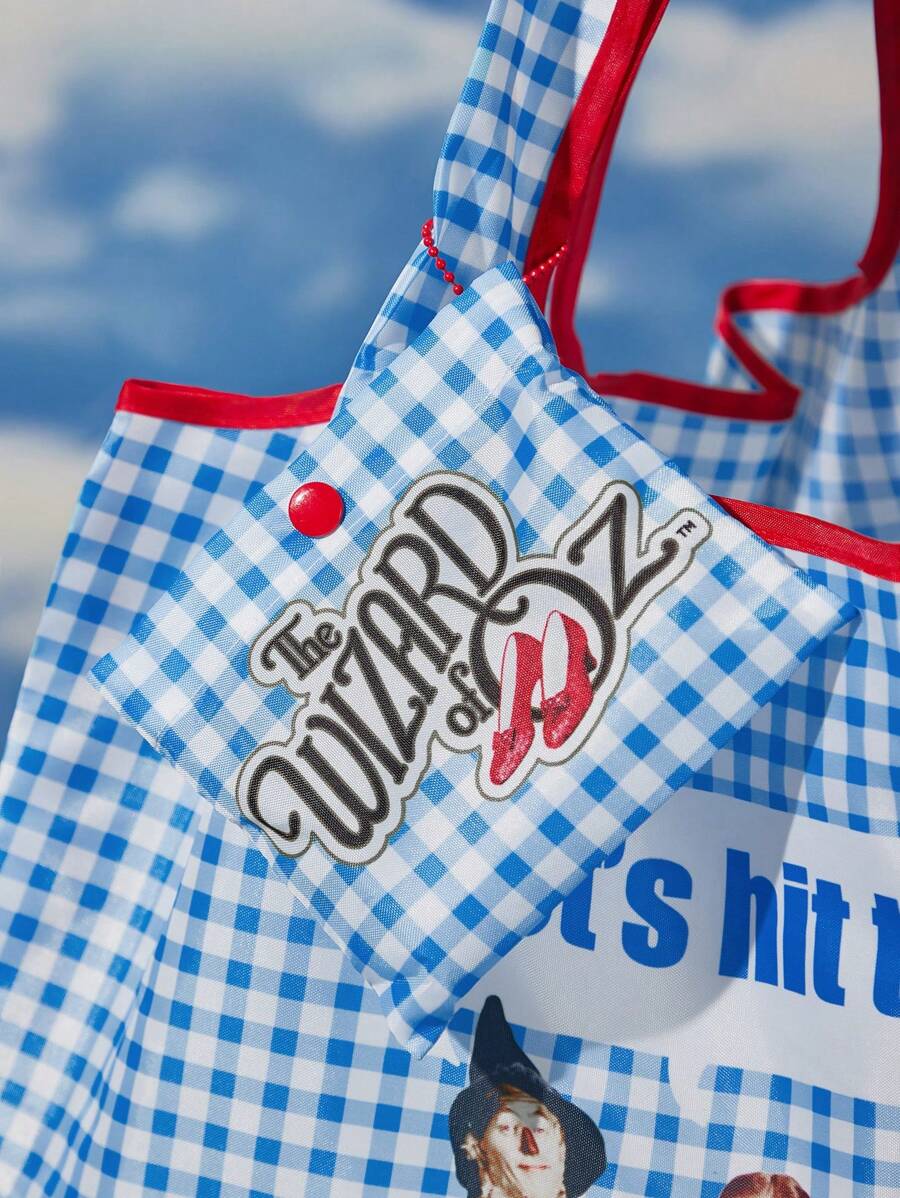 The Wizard of Oz X 1pc Character And Slogan Print Plaid Collision Foldable Portable Shopping Bag, Summer Essentials Women Bags For Vacation & Holiday