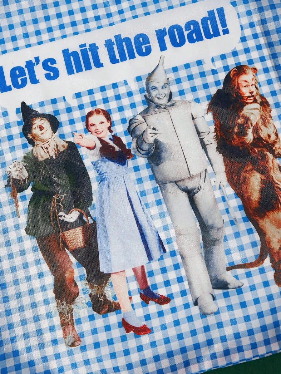 The Wizard of Oz X 1pc Character And Slogan Print Plaid Collision Foldable Portable Shopping Bag, Summer Essentials Women Bags For Vacation & Holiday