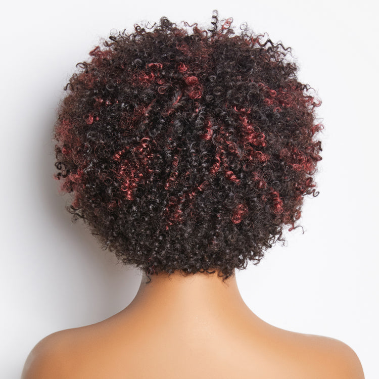 Dark Red / Blonde Highlights / Natural Black Afro Curls Glueless Ready to Go Wig Beginner Friendly - US Only