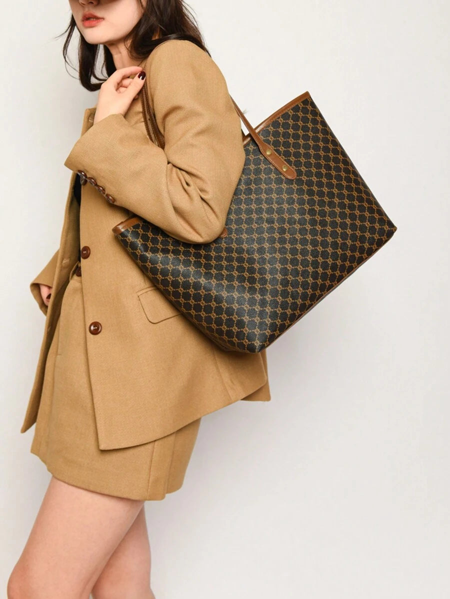 Fashion Solid Color Large Capacity M-Letter Print Tote Bag, Metal Decor, Shoulder Bag, Suitable For Women Shopping, Commuting To Work And Daily Use, Suitable For Students Going Back To School