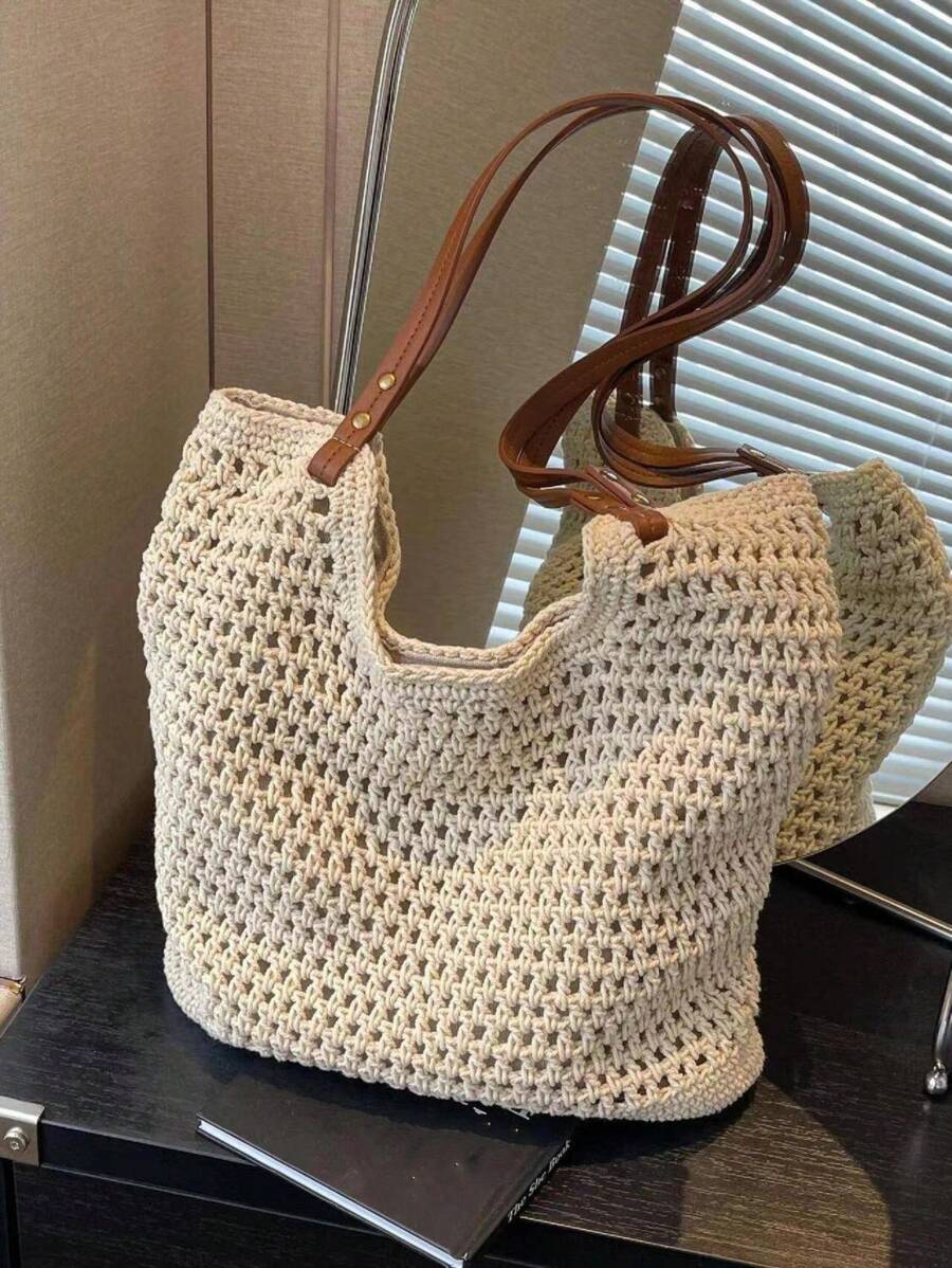 Yogodlns New Arrival Hollow Out Tote Bags For Women Large Capacity Straw Woven Handbag Shoulder Bag Vintage Travel Beach Bag Shopping Pack Beach Bag School Bag, Back To School Backpack, Large Capacity